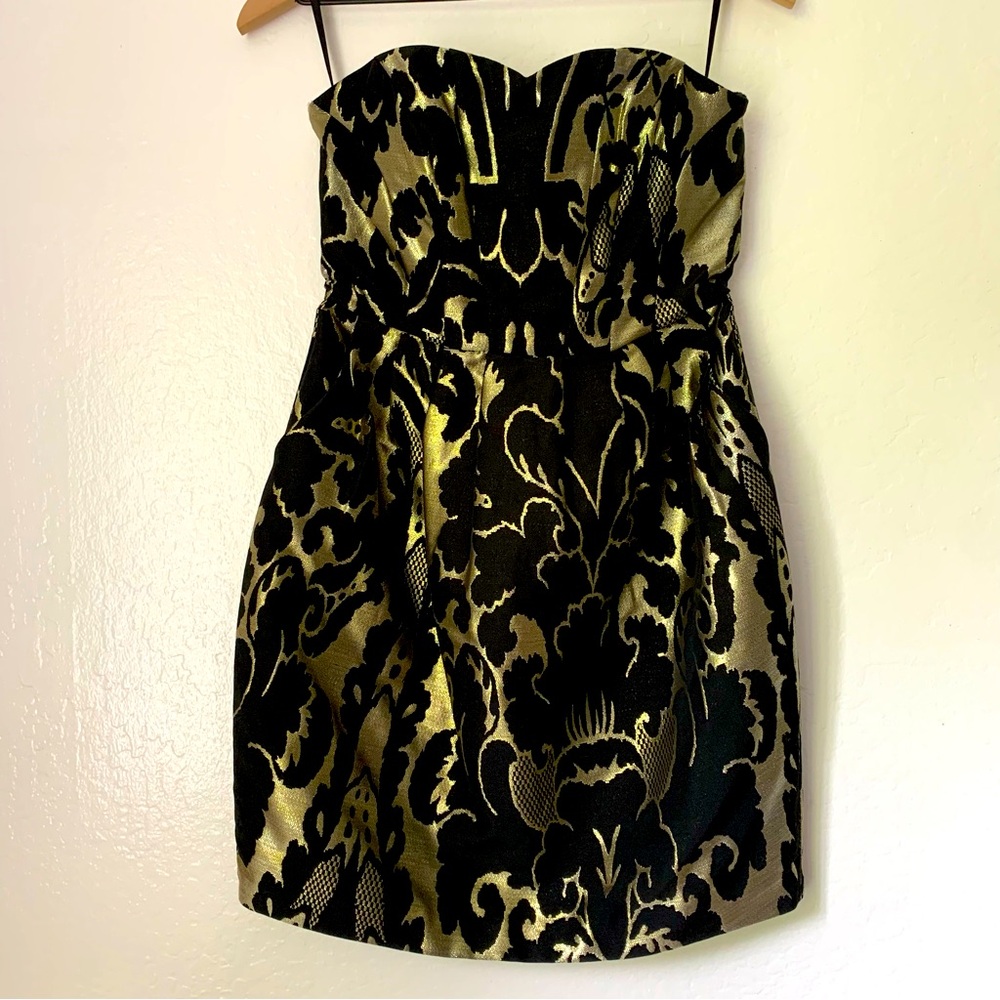 H&M Gold Metallic Brocade Strapless Cocktail Dress - Size 6